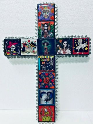 Mexican Folk Art Punched Tin Wall Cross Day Of The Dead Catrina Wood Tile 15 "