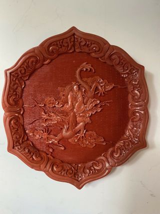 Vtg Red Cinnabar/resin/lacquerware Plate Woman Riding Dragon 9.  5 " Hexagon China