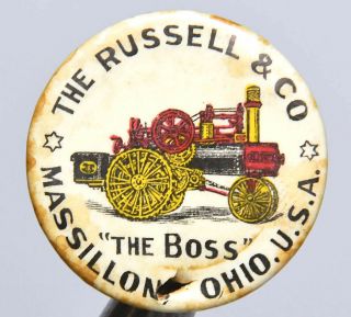 Rare Vtg Russel & Co The Boss Steam Engine Tractor Pinback Button Massilliion Oh
