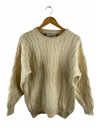 Vintage Drizabone 100 Wool Pullover Jumper Size L Beige Cable Knit Australian