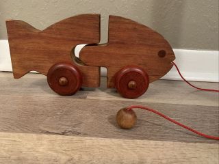 Vintage Wooden Fish Pull Toy String Wheels