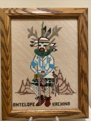Masterful Hopi Indian Antelope Kachina Doll Framed Needlepoint
