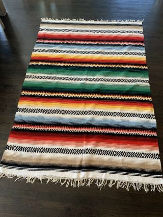 Vtg Hand Woven Mexican Textile Falsa Blanket Cotton Wool Striped Fringe 58 X 84
