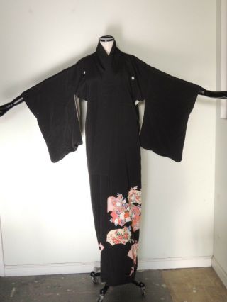 Vintage Japanese Kimono Black Silk Tomesode Folding Fan Motif