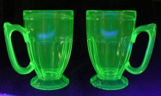 Pair Vintage Green Vaseline Uranium Glass Footed Rootbeer Mugs - Exellent