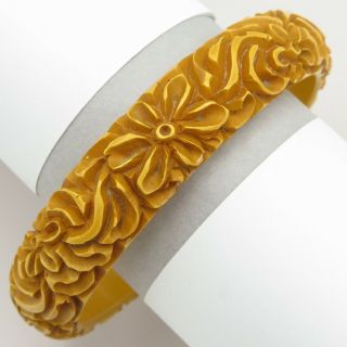 Vintage Carved Butterscotch Bakelite Flower Bangle Bracelet