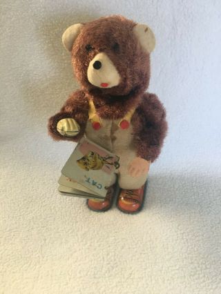 Vintage Cubby The Mechanical Reading Bear; Alps,  Japan,  Tin Wind - Up Toy