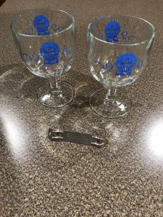 Pabst Blue Ribbon (pbr) Thumbprint Beer Goblets - Set Of 2 With Bottle Opener