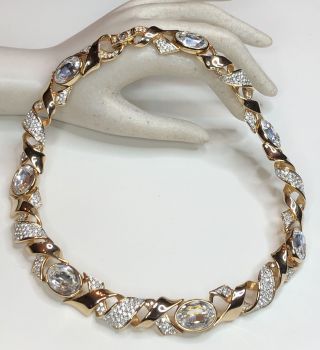 Vintage Swan Signed Swarovski Crystal Rhinestone Gold Tone Necklace Stunning
