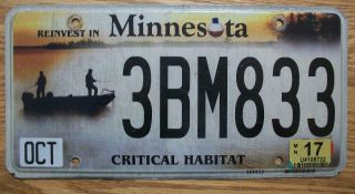 Single Reinvest In Minnesota License Plate - 3bm833 - Critical Habitat - Fishing