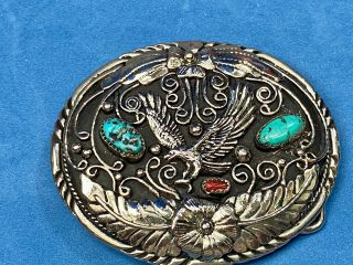 Handcrafted Ssi Native American Navajo Belt Buckle Eagle Turquoise Coral Usa