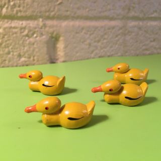 Vintage Mid Century Toy Ducks - 4 Wooden Duck Figurines,  Hand Decorated,  Yellow