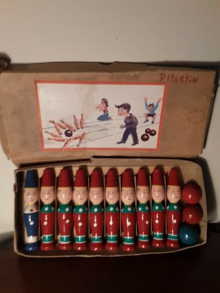 Vintage 10 Pc French Wooden Elf Bowling Pins Balls Game Set Child 