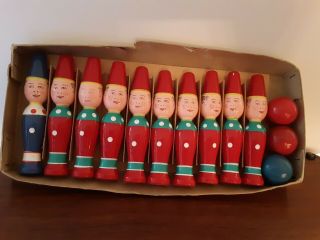 Vintage 10 pc French Wooden Elf Bowling Pins Balls Game Set Child ' s Toy 2