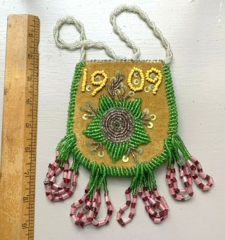 Antique Northeast Iroquois Native American Beaded Purse Bag Dated 1909 Exc