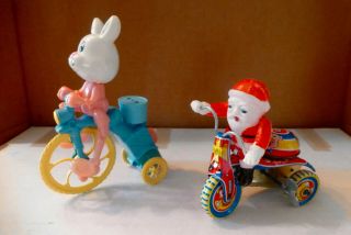 Vintage Plastic Wind - Up Of Bunny On A Tricycle,  Tin Wind - Up Of Santa On A Bike