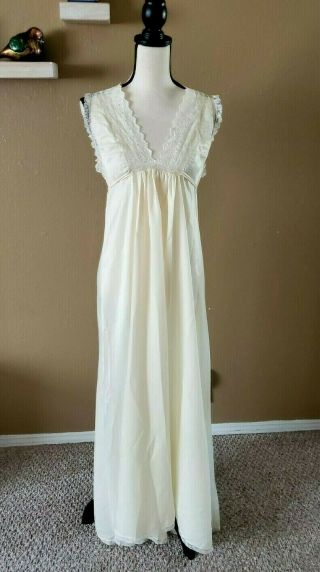 Vintage Christian Dior Lingerie Creamy Ivory Satin & Lace Deep V Nightgown Sz S