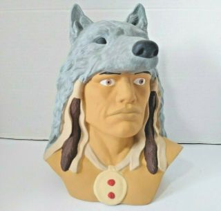 Vtg Large Indian Chief In Wolf Head Hat Ceramic Mold Bust Hand Painted Statue