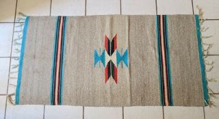 Vintage Native American Indian Saddle Blanket Or Rug 59 " X 30 " Tan Turquoise Red