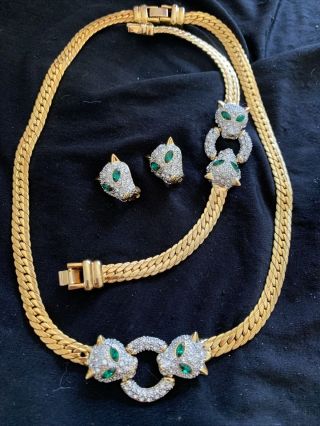 Vintage Double Panther Head Necklace Bracelet Earring Gold Tone Rhinestones Set
