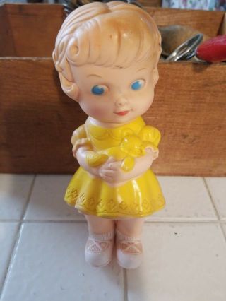 Vintage Mobley Doll Little Girl Yellow Dress Holding Teddy Bear