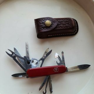 Red Victorinox Swisschamp Swiss Army Pocket Knife Multi Tool W/ Leather Case
