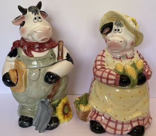 Vtg Ceramic Glazed Hat Cow Bull Farmers Cookie Jars 12” Tall No Chips Set Of 2
