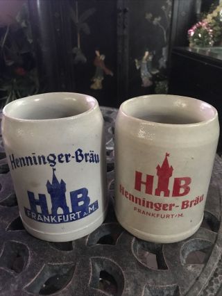 Vintage Antique German Henninger - Brau Beer Mug Frankfurt Thick Walled Stone Clay