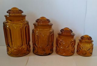 Vintage Le Smith Moon And Stars 8 Piece Gold Amber Glass Canister Set
