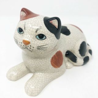 Vintage Cat Kitten Neko Calico Japan Figurine Ceramic Porcelain Crackle Glaze