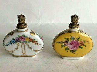 2 Vintage Dresden Scent Bottle Painted Floral Sprays Screw Crown Gilt Tops
