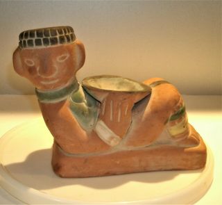 Vtg Aztec Mayan Mexican Red Clay Pottery Reclining Man Incense Burner Bowl 8 " L