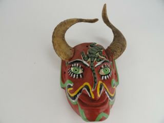 Colorful Wooden Hand Crafted Devil/monster Mask With Horns