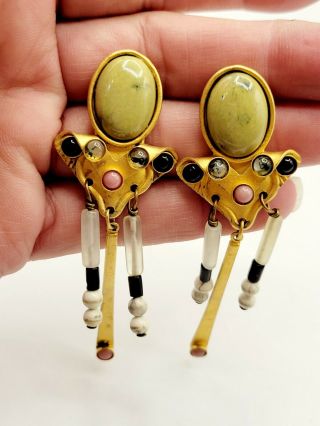 Vtg Gale Rothstein Modernist Gold Tone Semi Precious Stones Earrings Signed