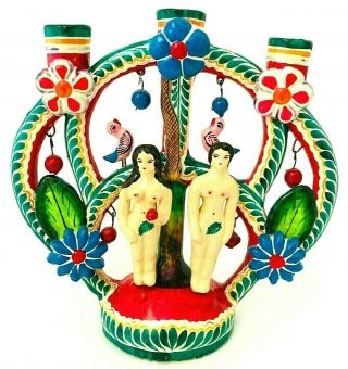 Vintage Mexican Folk Art Pottery Tree Of Life Candelabra Adam & Eve Handmade
