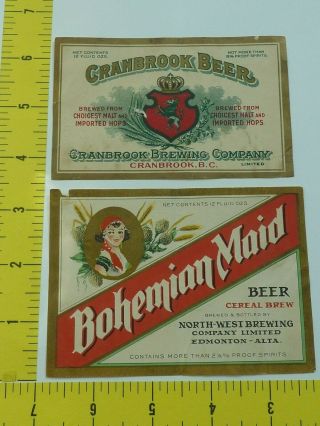2 Vintage Canadian Beer Labels Bohemian Maid & Cranbrook Beer For Cond.
