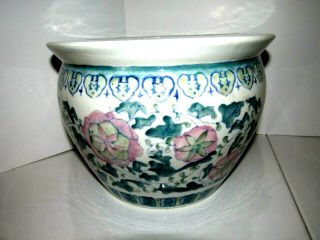 Asian Green Vines W/ Pink Flowers Design Porcelain Ceramic Planter Or Vase