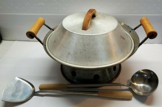 Vintage Carbon Steel Wok Stir Fry Pan 14in Wood Handles Lid Utensils Accessories
