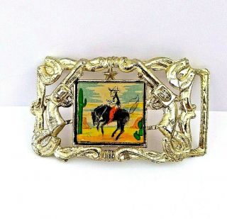 Vintage Cowboy Western Horse Rider Guns Hologram Flicker Lenticular Belt Buckle