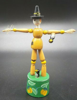 Vintage Halloween Scarecrow Push Puppet Wooden Button Collapsible Toy