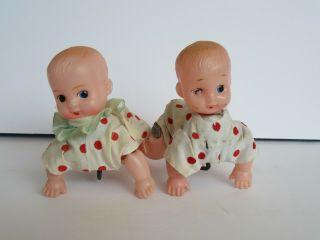 Vintage Pair Japan Celluloid Windup Toy Crawling Babies / Baby