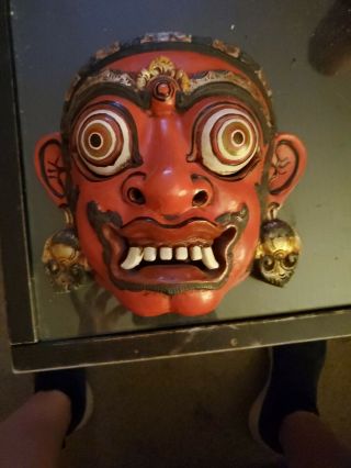 Vintage Indonesian Balinese Wood Carving Art Mask Barong Guardian Topeng Demon