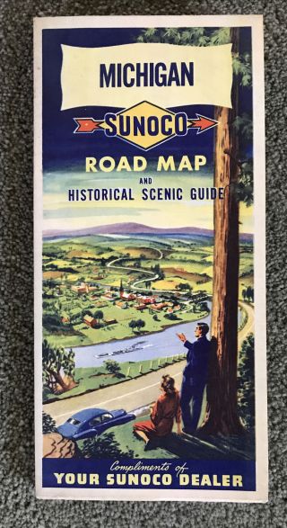 1951 Sunoco Oil Company Michigan Road Map & Scenic Guide Near