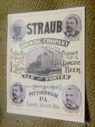1894 Straub Brewing Co.  Pittsburgh Pa.  Ale Porter Lager Bottlers Beer Ad Poster