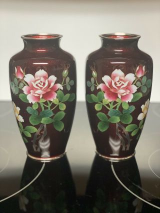 2 Vintage Red Enamel Cloisonne Vases Pink Rose Flower Bush Set