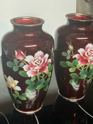 2 Vintage Red Enamel Cloisonne Vases Pink Rose Flower Bush Set 2