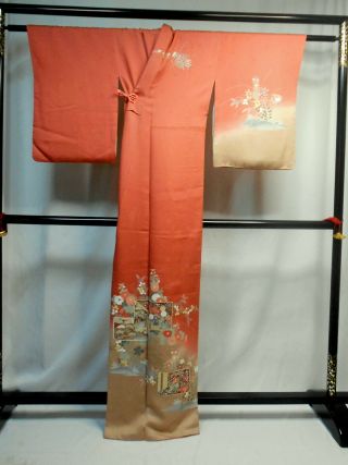 Japanese Kimono " Houmongi " Silk,  Gold/silver Leaf,  Plants,  L 64 ".  1580
