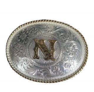 Vintage Montana Silversmiths Cowboy Western Belt Buckle Initial N Monogram Niob