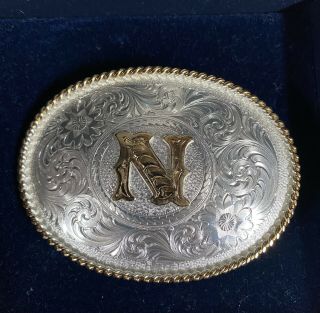 Vintage Montana Silversmiths Cowboy Western Belt Buckle Initial N Monogram NIOB 2