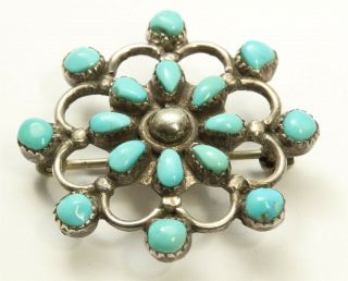 Vintage Zuni Sterling Silver Petitpoint Turquoise Cluster Flower Pendant/pin